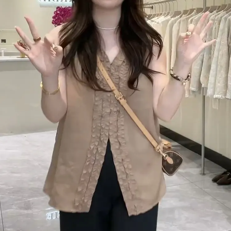 2025夏季V领木耳边无袖小衫时尚百搭背心上衣LK2502761