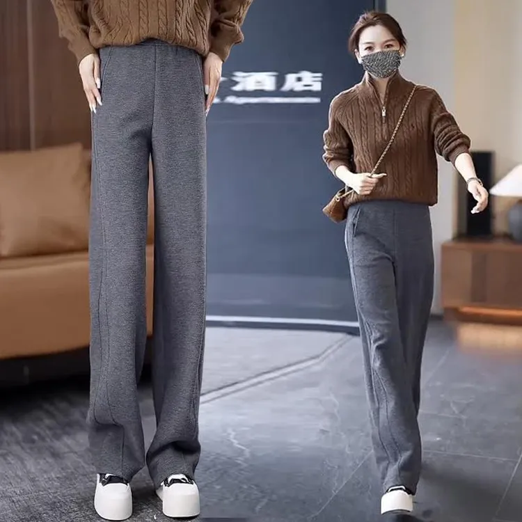 醋酸羊毛呢裤子女2024秋冬季新款冬天保暖休闲加绒加厚直筒弯刀裤