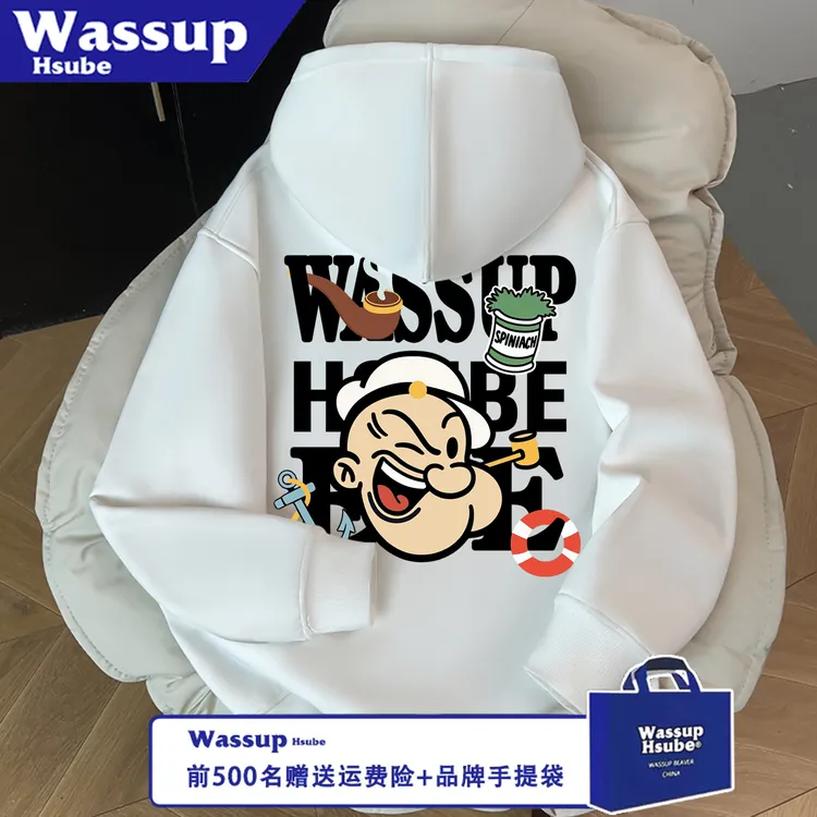 WASSUP HSUBE潮流宽松字母卡通拉链百搭印花情侣长袖秋冬连帽上衣