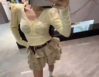 悠悠 V领褶皱泡泡袖长袖T恤女秋季修身显瘦内搭打底衫上衣
