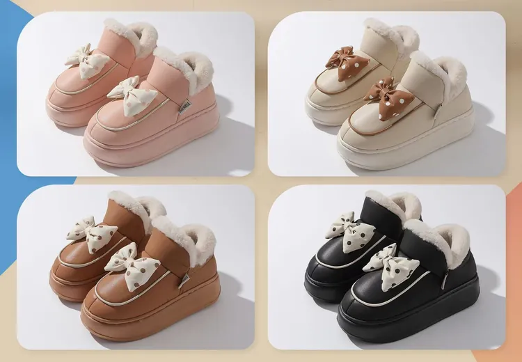 2025女士时尚蝴蝶结包跟加绒防水防滑冬季外穿棉拖鞋