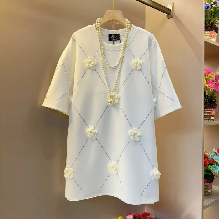 气质简约网红格子花朵遮肉显瘦T恤衫衣长80左右