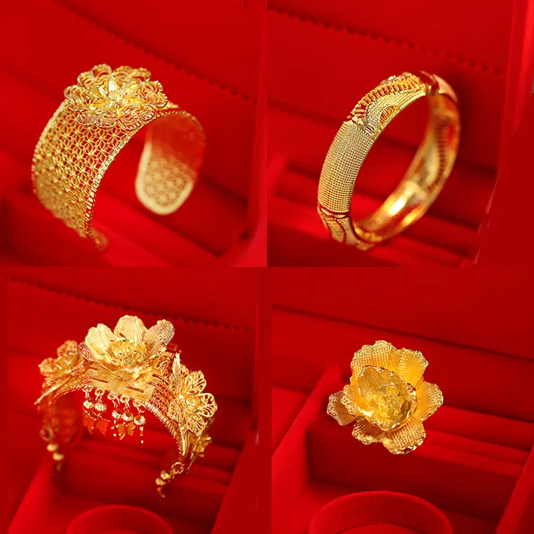 合金手镯 龙凤褂手镯古法镂空奢华金色镯子新娘配饰20241218
