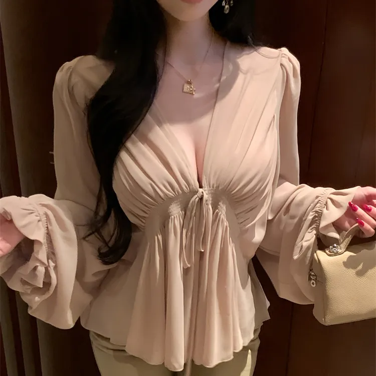 法式温柔风褶皱绑带雪纺衫女设计感小众V领上衣秋冬纯欲绝美小衫
