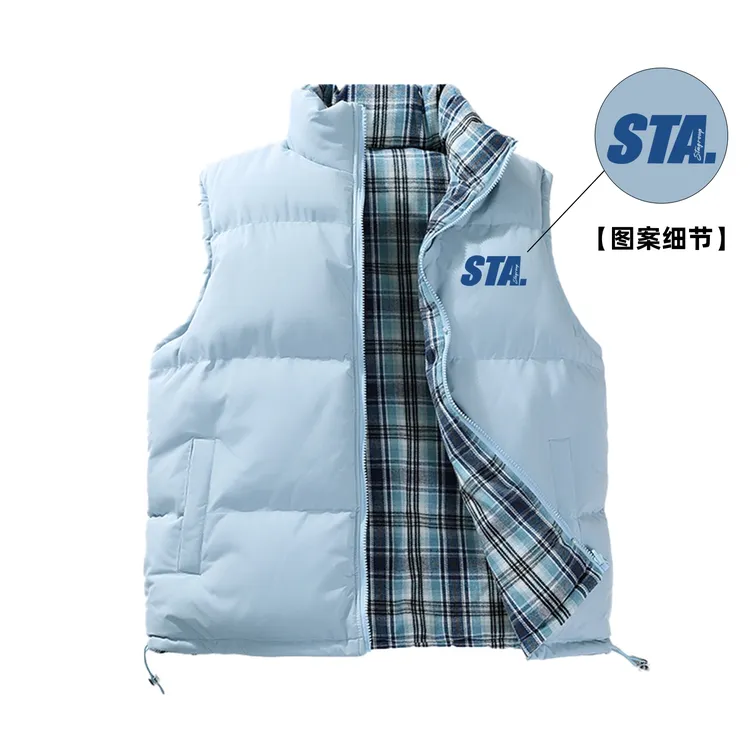 STA正品立领冬季浅蓝色格子条纹马甲标准圆下摆双面穿款宽松型