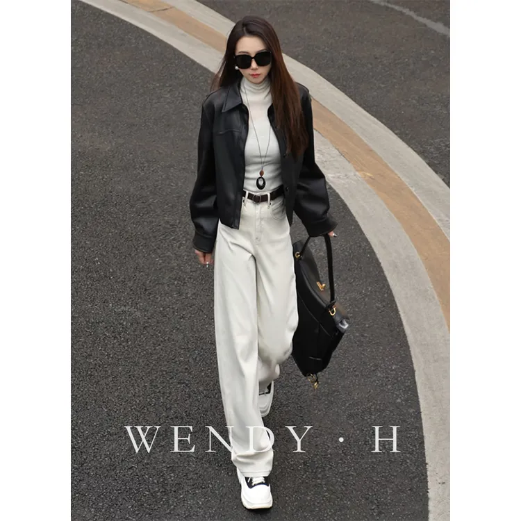 高腰2025秋冬新款宽松加绒高级感女牛仔裤显瘦设计感白色弯刀裤子