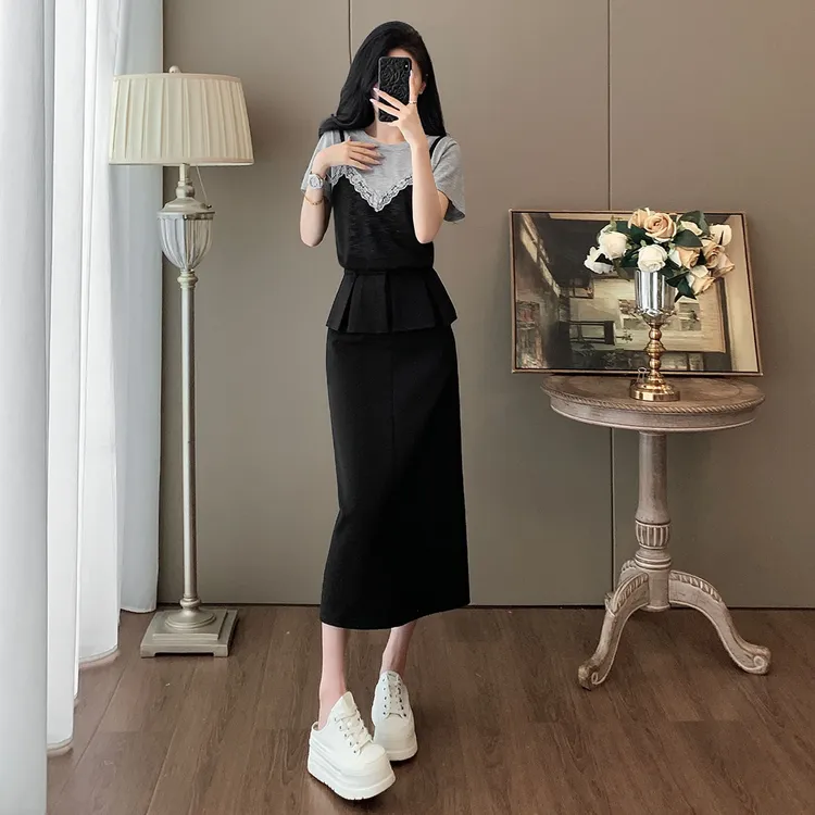 慵懒风减龄时尚套装女夏新款圆领蕾丝拼接上衣开叉半身长裙两件套