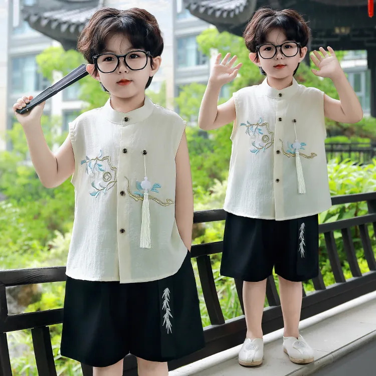 儿童夏季半袖套装男宝新中式古风汉服衣服小众无袖表演服古代唐装