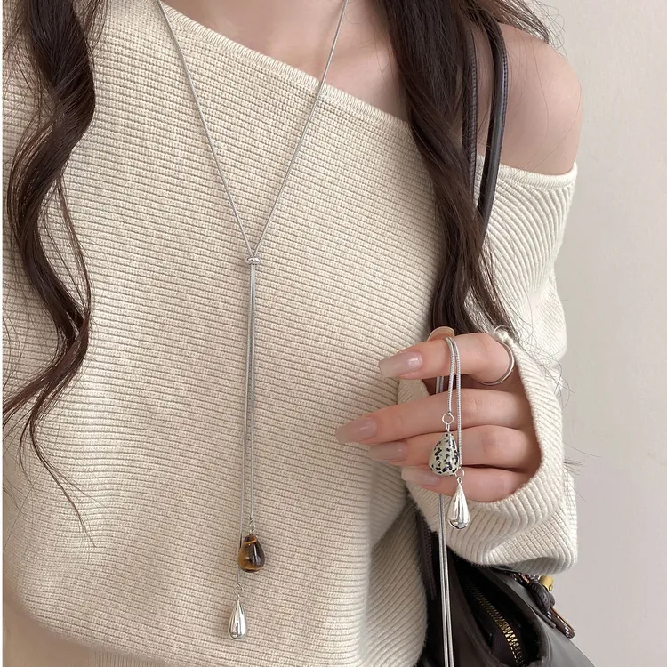 合金项链 虎眼石水滴抽拉项链女新款爆款轻奢小众长款毛衣链配饰