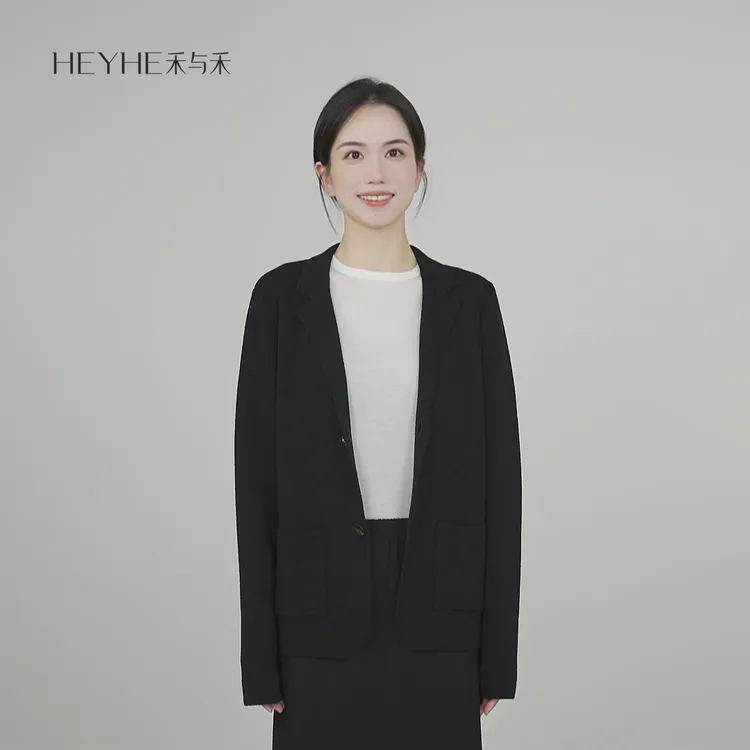 小禾【黑凤梨】扬子纱精纺羊毛高级西装领翻领宽松气质针织开衫外套