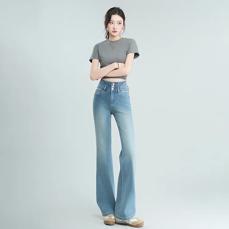 秋季新品三粒扣高腰微喇牛仔女裤修身显瘦透气舒适收腰提臀815