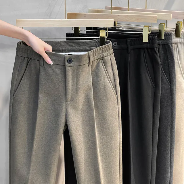 极简风毛呢九分休闲裤男宽松2025秋冬新款直筒百搭松紧腰带小西裤