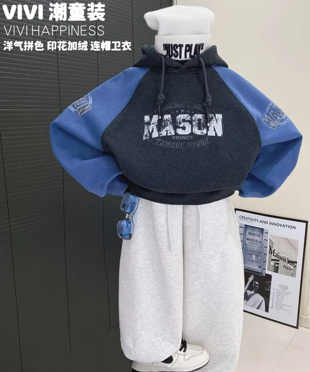 现货VIVI童装【嘻哈少年】冬款亲子装中大童蓝色拼色加绒连帽卫衣