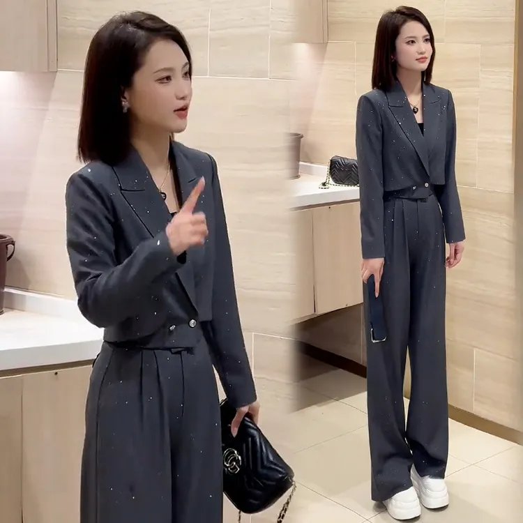 休闲套装女2025春秋新款时尚百搭高级感西装领上衣+阔腿裤两件套