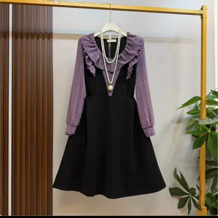 秋季新款圆领长袖花边拼接显瘦中长款假两件连衣裙