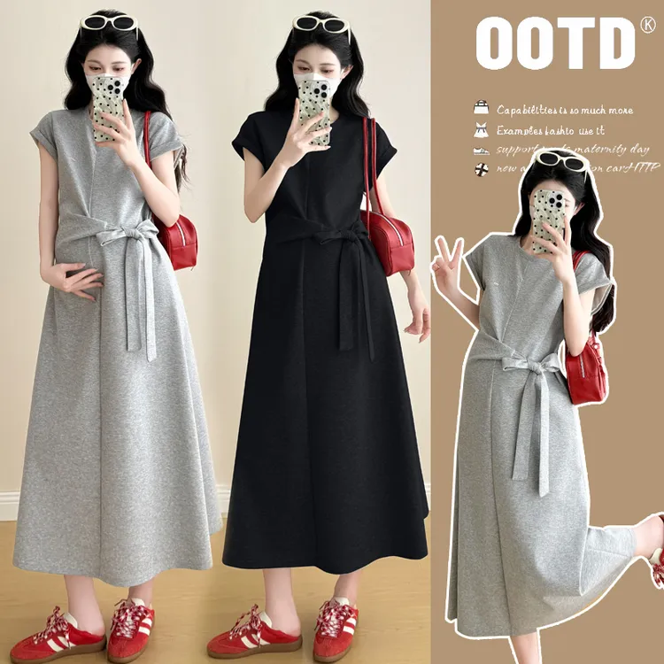 孕妇夏季2025夏装新款法式系带时尚百搭孕妇显瘦连衣裙中长款潮妈