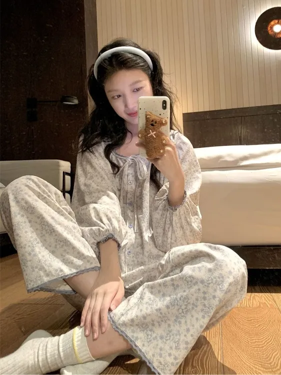  【金露汐 Luckyin】睡衣女春秋系带冰蓝碎青花家居服套装少女学生