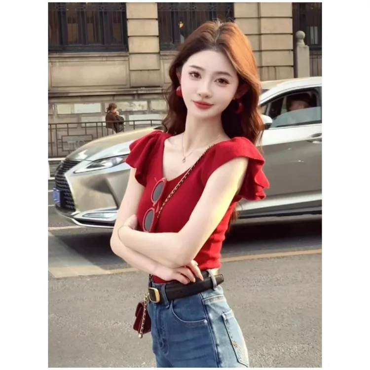 红色V领正肩冰丝针织短袖T恤女夏季超好看独特漂亮修身小飞袖上衣