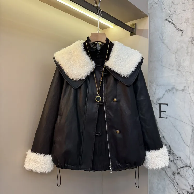 2025秋冬胖mm洋气时尚加厚气质翻领欧货百搭气质皮衣外套5197