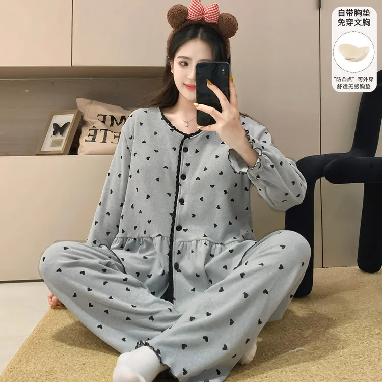 睡衣女秋冬加厚羊绒长袖开衫甜美爱心冬季保暖加绒家居服两件套装