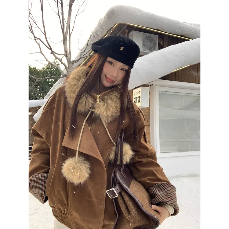 【恋冬妹外套】冬季复古时尚拼接格子球球HD短外套254N4444#