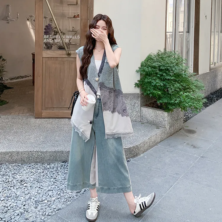巨好看减龄穿搭牛仔套装女2025夏季新款蕾丝拼接马甲阔腿裤两件套