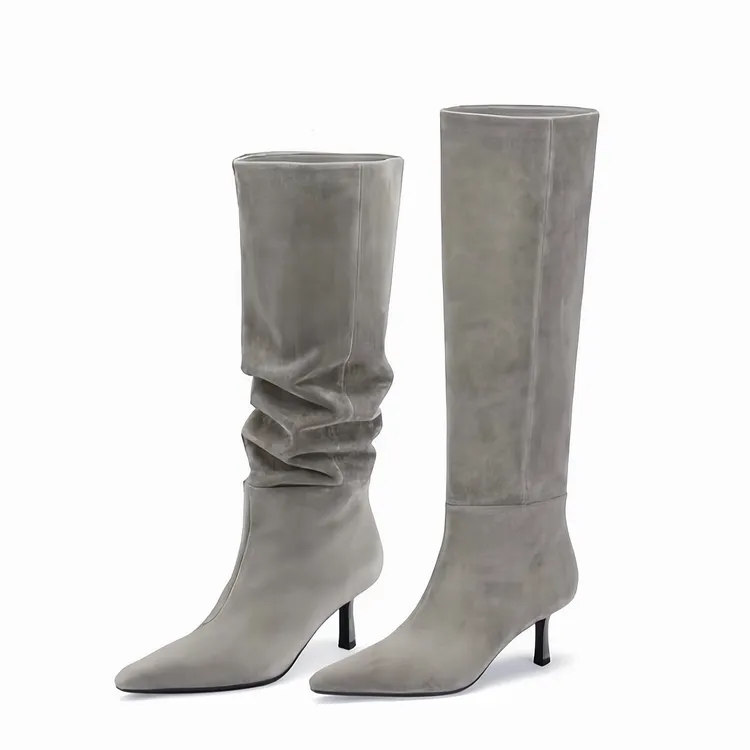 柒嘉高智淡人风真皮时装靴新款堆堆靴尖头及膝长靴