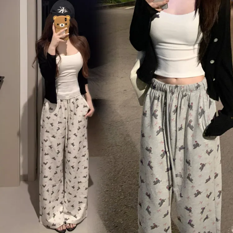 孕妇裤子秋冬季小猫印花休闲软糯新款遛弯裤阔腿直筒垂感拖地长裤