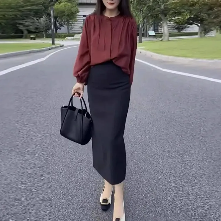 气质薄款长袖衬衫上衣春季穿搭一整套高级感女装显瘦半身裙两件套