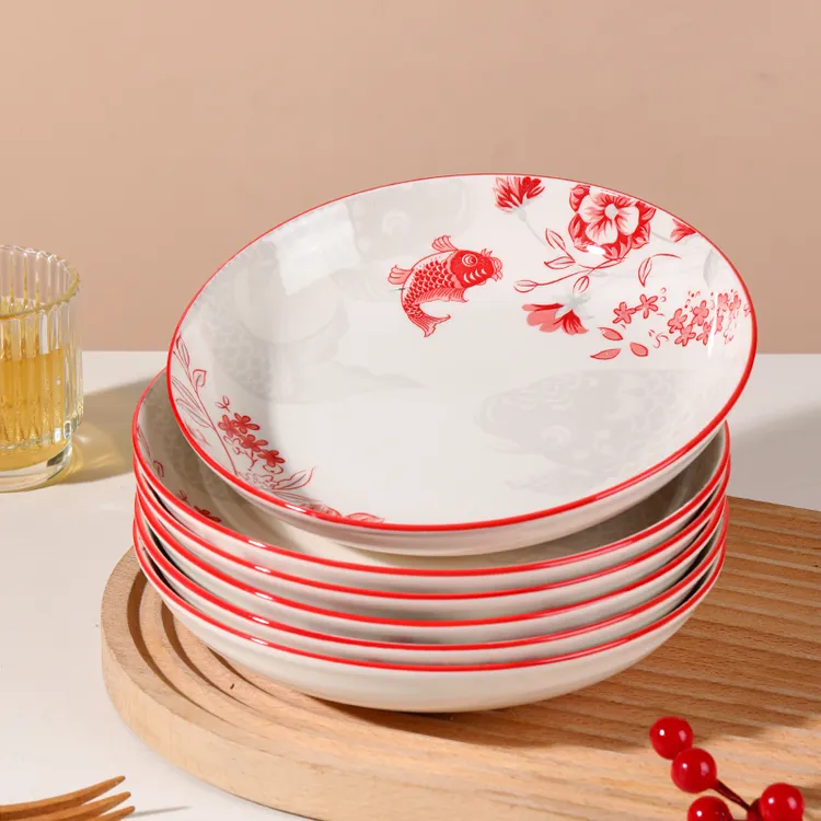 6个年年有余8英寸陶瓷大圆盘釉下彩餐具碟子菜盘子