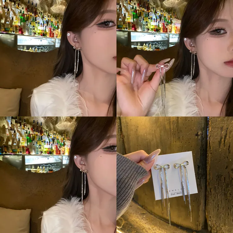 铜合金耳饰 银色蝴蝶结长款流苏耳环女冷淡风独特耳钉气质耳饰ins