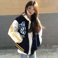 原宿国潮字母刺绣棒球服外套女秋冬新款夹克卫衣美式高街潮流撞色