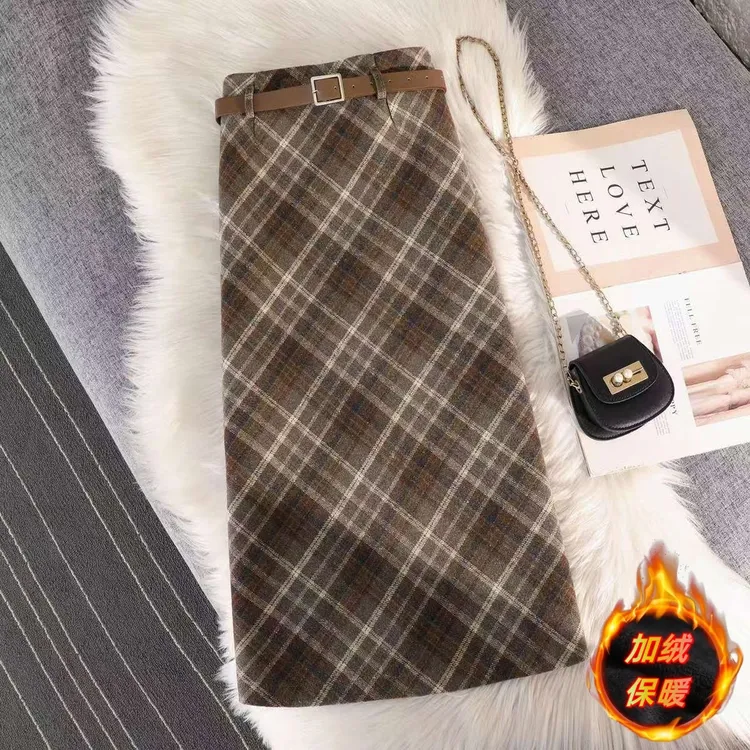 【加绒+运费险】百搭格子毛呢半身裙女秋冬包臀裙高腰显瘦开叉长裙