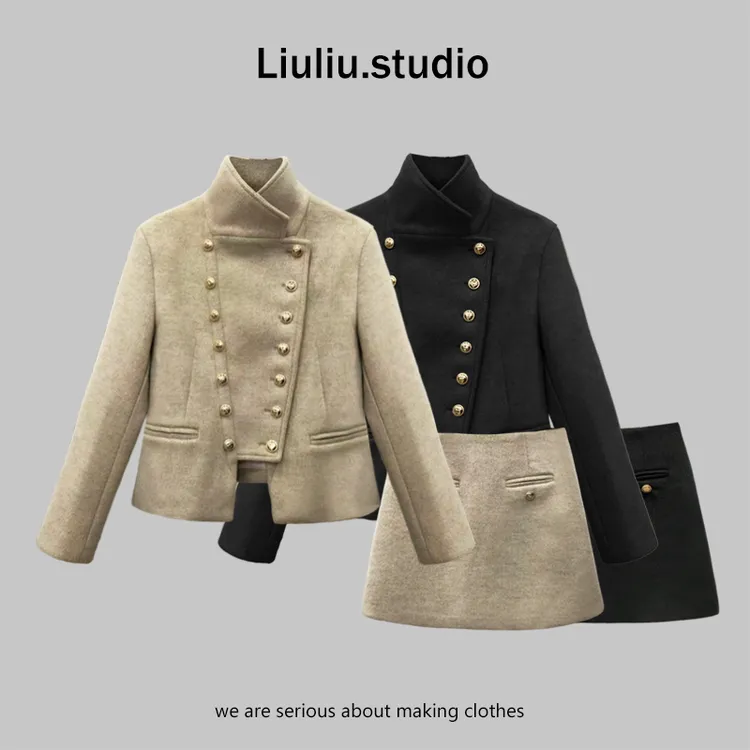 LiuLiu定制【复古财阀】设计师金扣轻奢毛呢秋冬外套+显瘦半裙套装