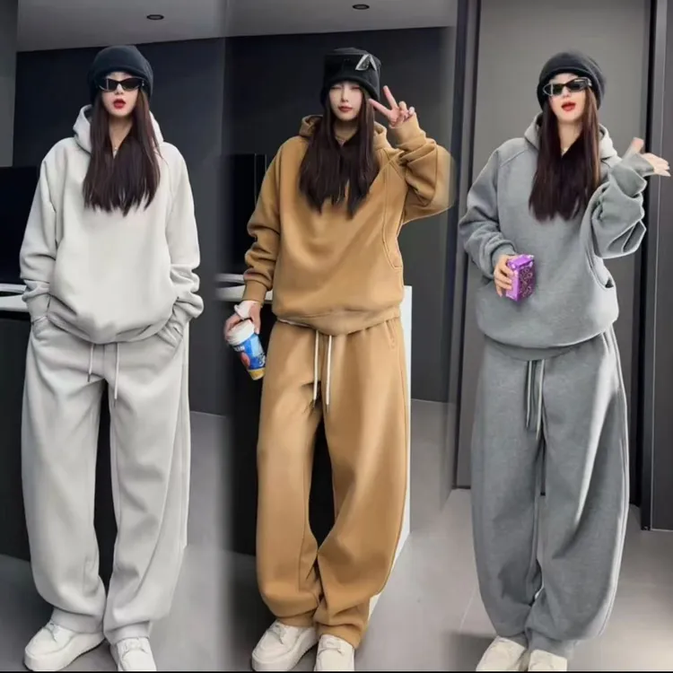 加绒加厚款纯色连帽卫衣宽松休闲松紧腰香蕉裤卫裤两件套