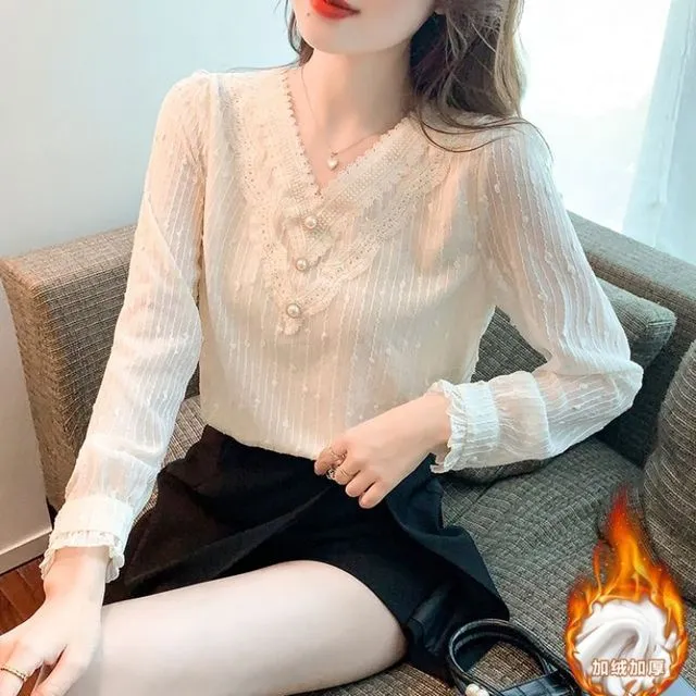 加绒加厚秋冬新款打底衫女洋派时尚内搭上衣气质百搭雪纺蕾丝衬衫