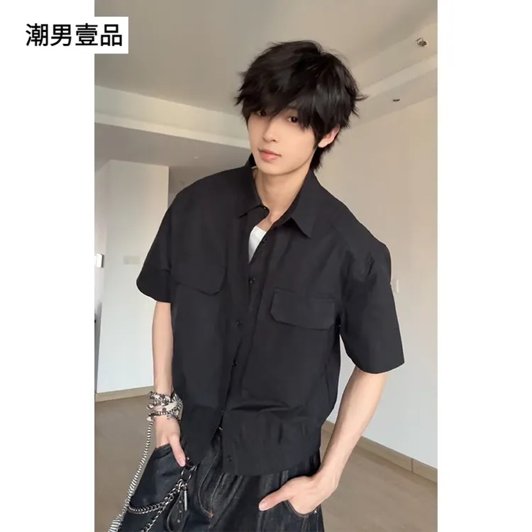 黑色双口袋短袖衬衫男款夏季cleanfit工装衬衣高级感防晒薄款外套