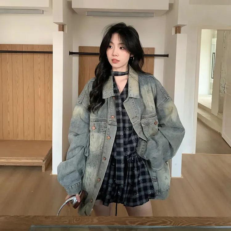 高街美式复古水洗做旧牛仔外套女春秋宽松oversize中长款夹克上衣