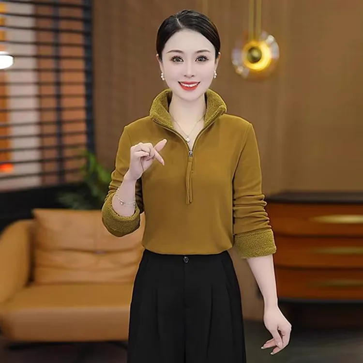 时尚加绒加厚立领半拉链T恤女2025冬季新款保暖显瘦百搭减龄长袖