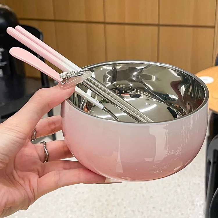 304不锈钢双层防烫家用渐变色马卡龙吃饭碗汤碗沙拉碗个人专用