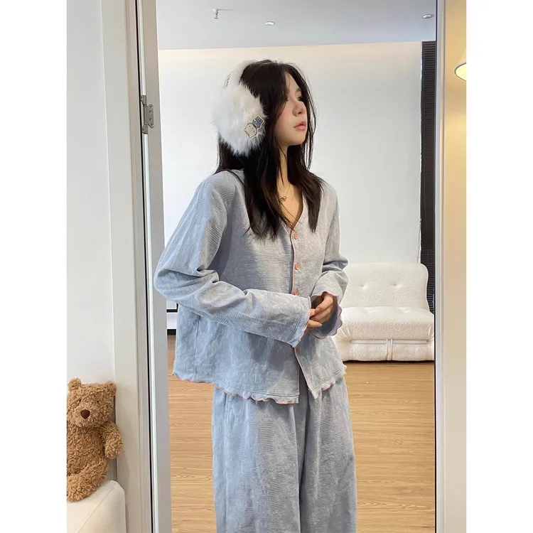 新中式复古感纯色设计长袖睡衣女春秋新款长裤家居服两件套可外穿