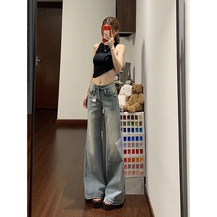 复古蓝微喇牛仔裤女秋季新款美式低腰辣妹宽松不贴腿喇叭拖地裤子