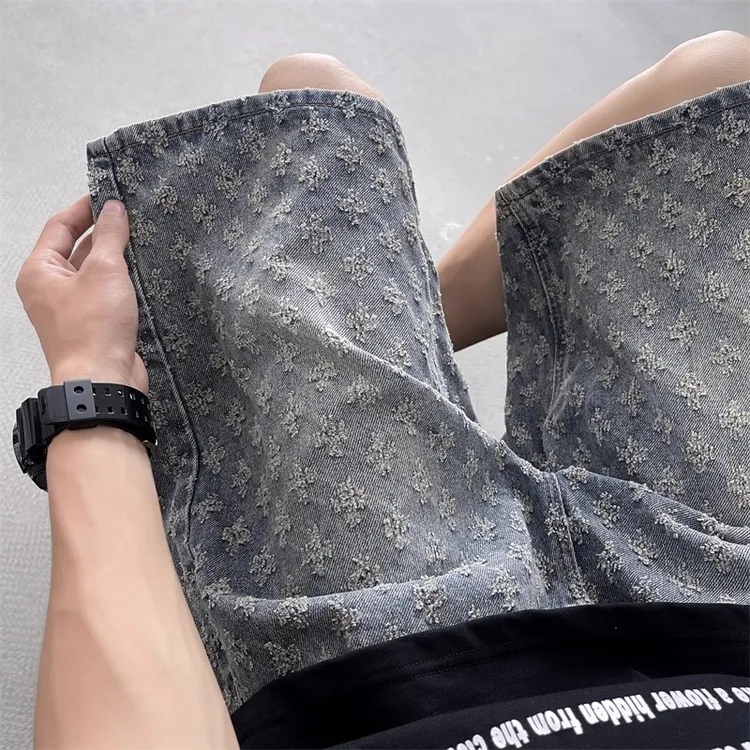 美式复古提花牛仔短裤男夏季薄款设计感破洞时尚五分裤子休闲中裤