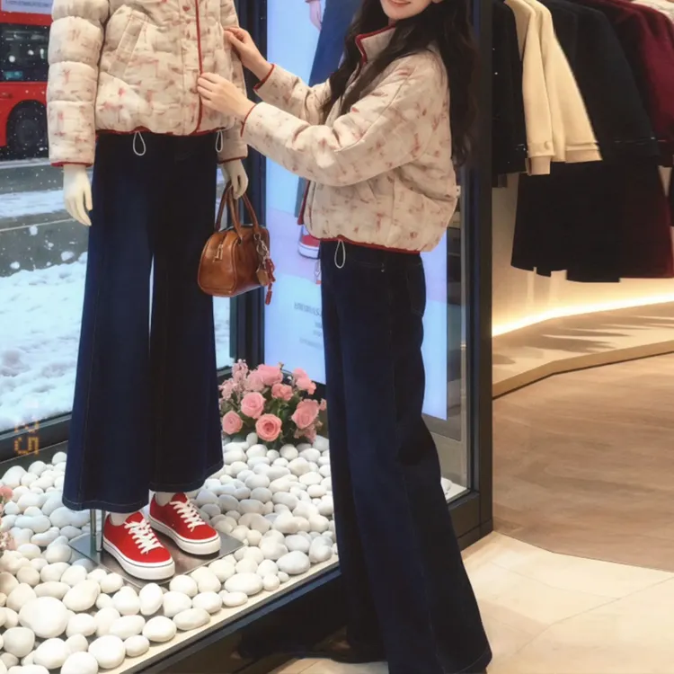 2026欧货百搭时尚显瘦韩版棉服上衣直筒牛仔裤两件套潮流女士