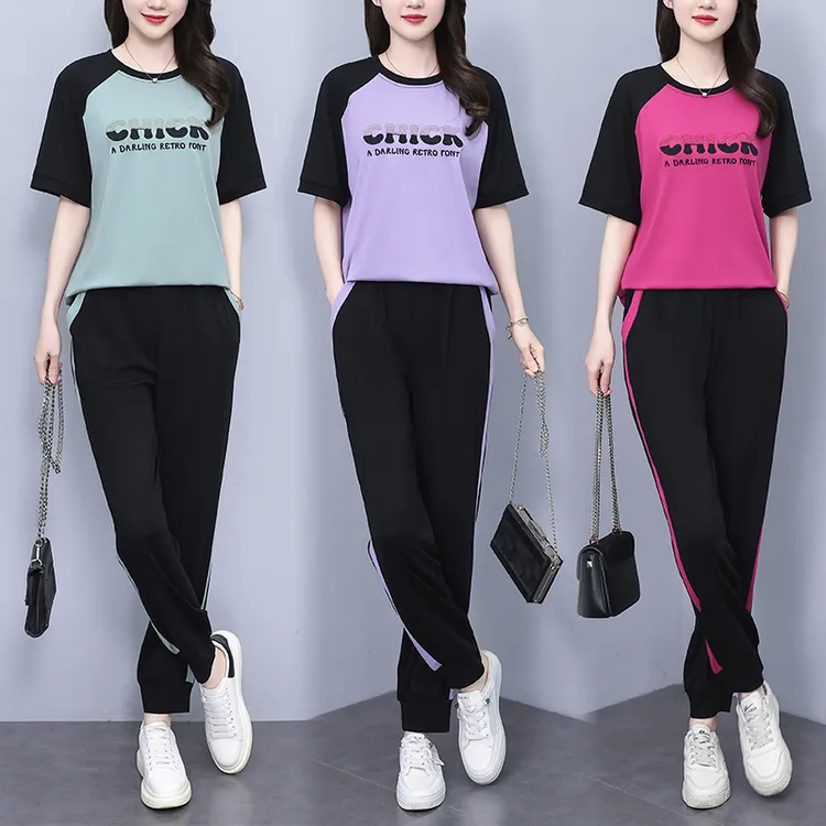 休闲运动套装2025夏季新款简约减龄拼色圆领上衣束脚裤两件套