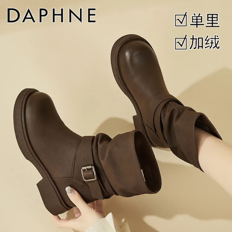 达芙妮美拉德棕色炸街小短靴女款冬季2025新款厚底加绒百搭堆堆靴