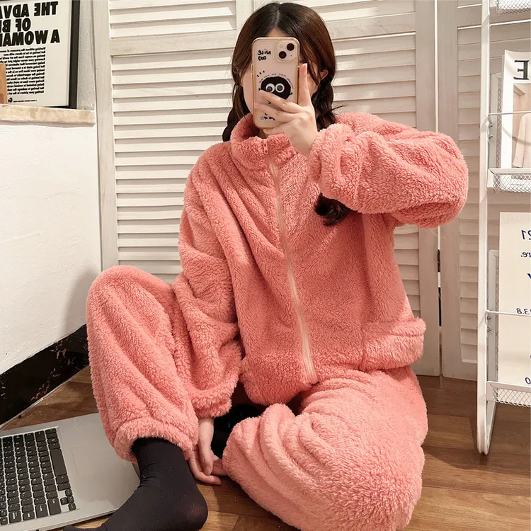 ins风睡衣立领拉链可外穿长毛绒韩版珊瑚绒纯色加厚冬季家居服女