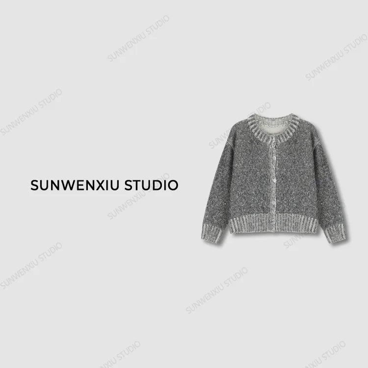 swx studio3店 “灰色记忆”羊毛混纺韩系复古加厚圆领毛衣外套