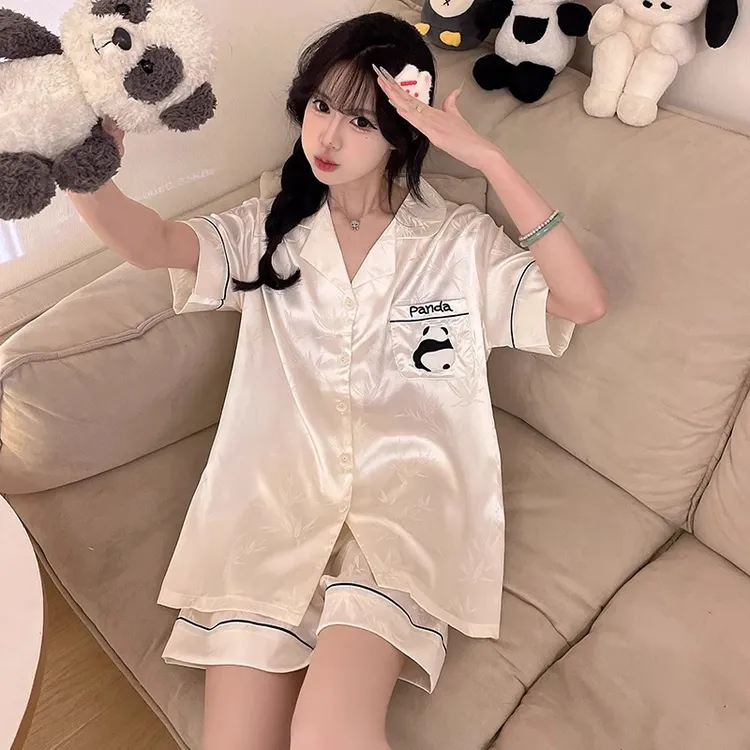 2025新款卡通熊猫睡衣女夏季薄款冰丝绸短袖高级感家居服套装夏天