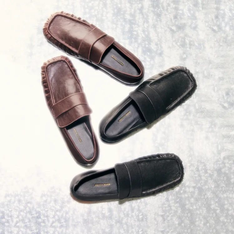 PrettyRiver植鞣革方头褶皱乐福鞋女复古高级休闲风时尚单鞋女